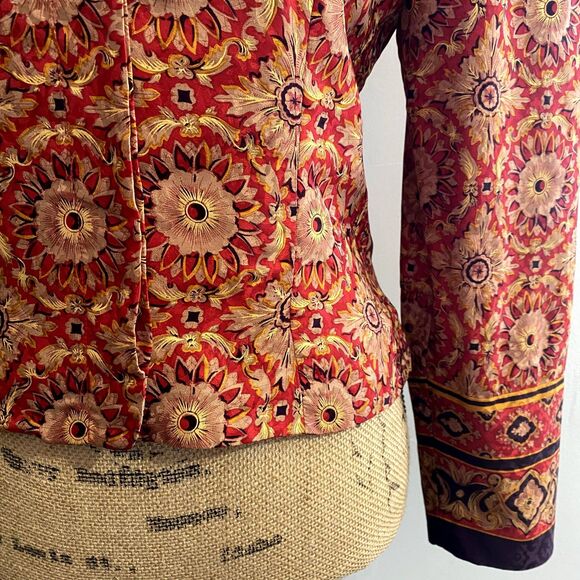 Vintage Maggy London Silk Jacket Collarless Red Intricate Chintz Pattern Size 6 - Picture 4 of 6